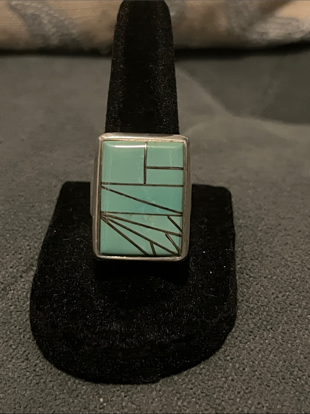 Southwest Style Turquoise Inlay Rectangular Sterling Statement Ring
